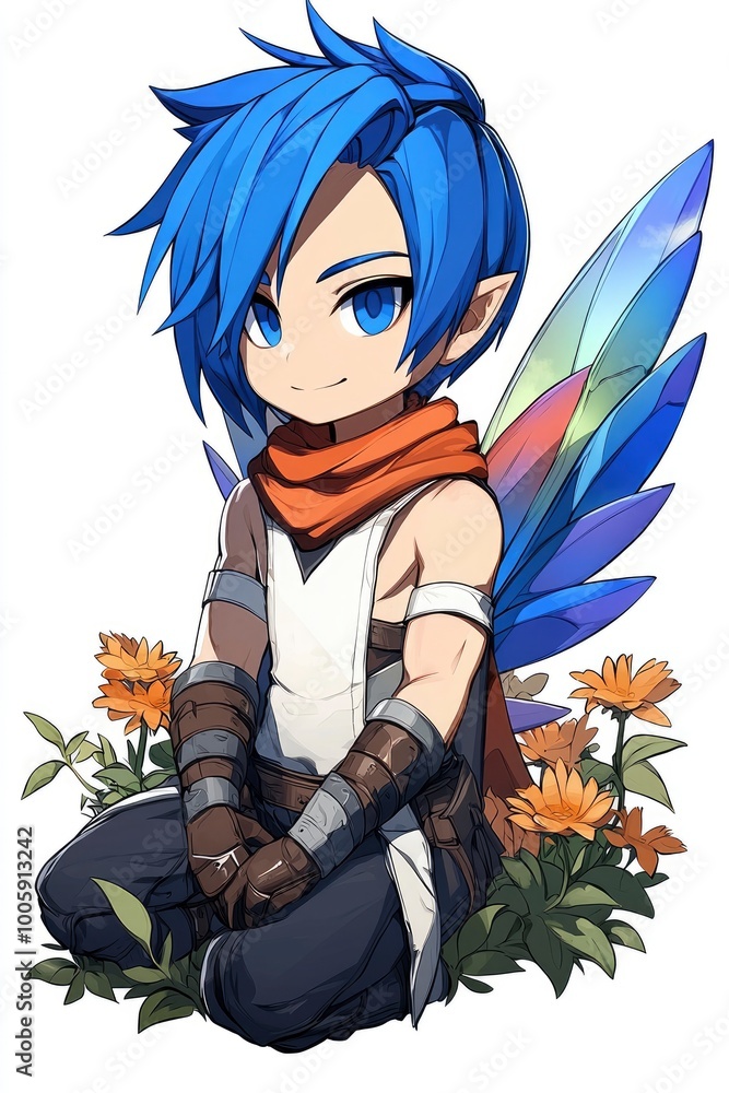 Cute Blue-Haired Boy with Wings Sitting in a Flower Garden Cute Blue-Haired Boy with Wings Sitting in a Flower Garden