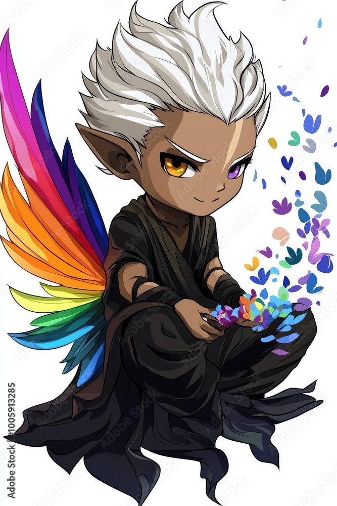 Naklejka premium Fantasy Character with Rainbow Wings and Scattered Petals