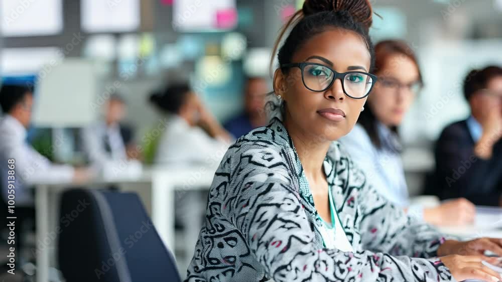 Focused woman with glasses in busy office setting listening during meeting Focused woman with glasses in busy office setting listening during meeting