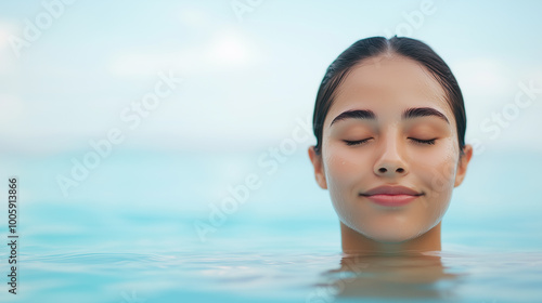 serene woman with closed eyes enjoys peaceful moment in calm water, reflecting tranquility and relaxation. soft blue background enhances soothing atmosphere