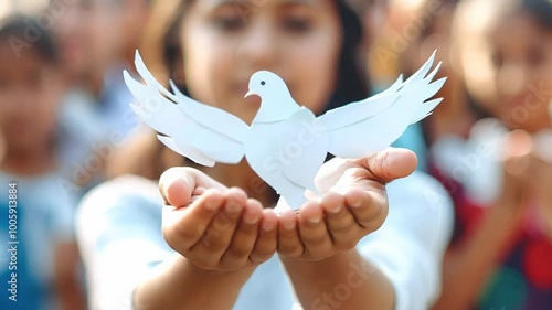 Child holding origami dove symbolizing peace and hope among friends
