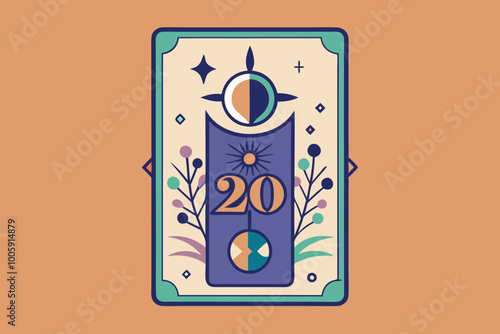 Retro tarot card illustration with number 20 and geometric design elements