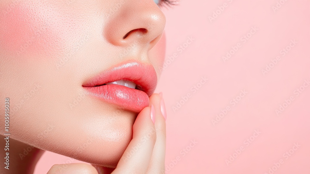 Close-up of a woman's face highlighting soft lips and smooth skin against a pastel background, emphasizing beauty and elegance. Close-up of a woman's face highlighting soft lips and smooth skin against a pastel background, emphasizing beauty and elegance.