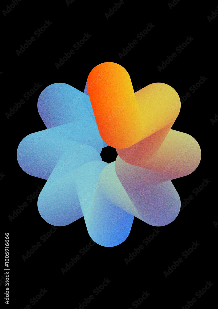 3d render. Abstract geometric asterisk shape colored with orange blue neon gradient. Simple star icon isolated on black background. Primitive symbol with grainy film noise effect 3d render. Abstract geometric asterisk shape colored with orange blue neon gradient. Simple star icon isolated on black background. Primitive symbol with grainy film noise effect
