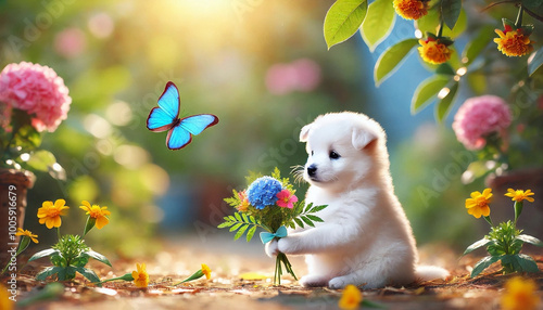 puppy and butterfly.