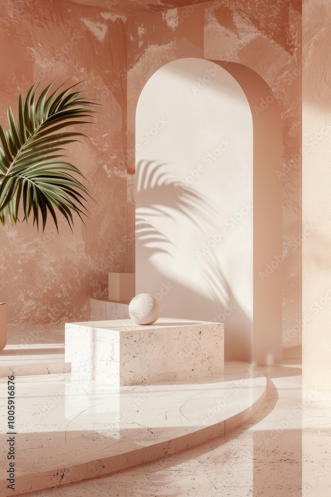 Fototapeta premium A beautifully designed minimalist interior with soft pink tones, natural light, and a striking palm leaf shadow on the wall.