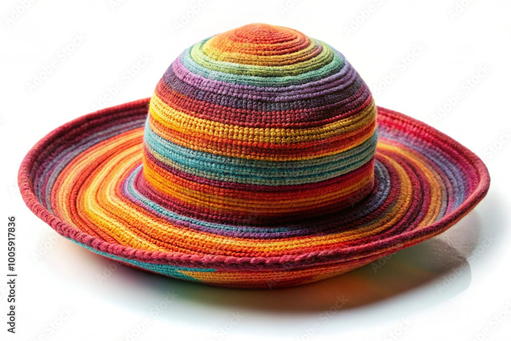Bright knitted multi-colored hat with brim in the form of planet Saturn, isolated, on white background, close-up. Concept of headdress design on space theme. Handmade, natural materials, eco style. Bright knitted multi-colored hat with brim in the form of planet Saturn, isolated, on white background, close-up. Concept of headdress design on space theme. Handmade, natural materials, eco style.