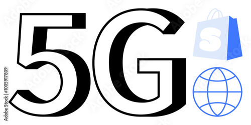 Large 5G symbol with shopping bag and globe. Ideal for technology, internet speed, online shopping, mobile commerce, connectivity. Modern design, bold lines