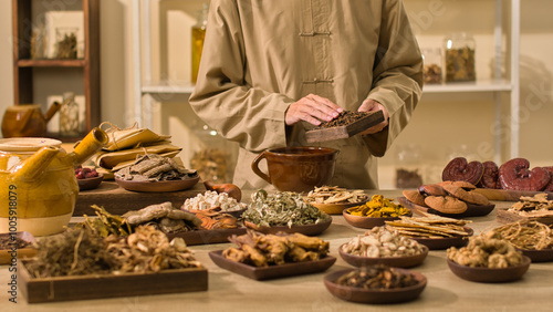 Fotografie A medical practitioner crushing cloves in a brown stone mortar, surrounded by traditional herbal instruments and supplies