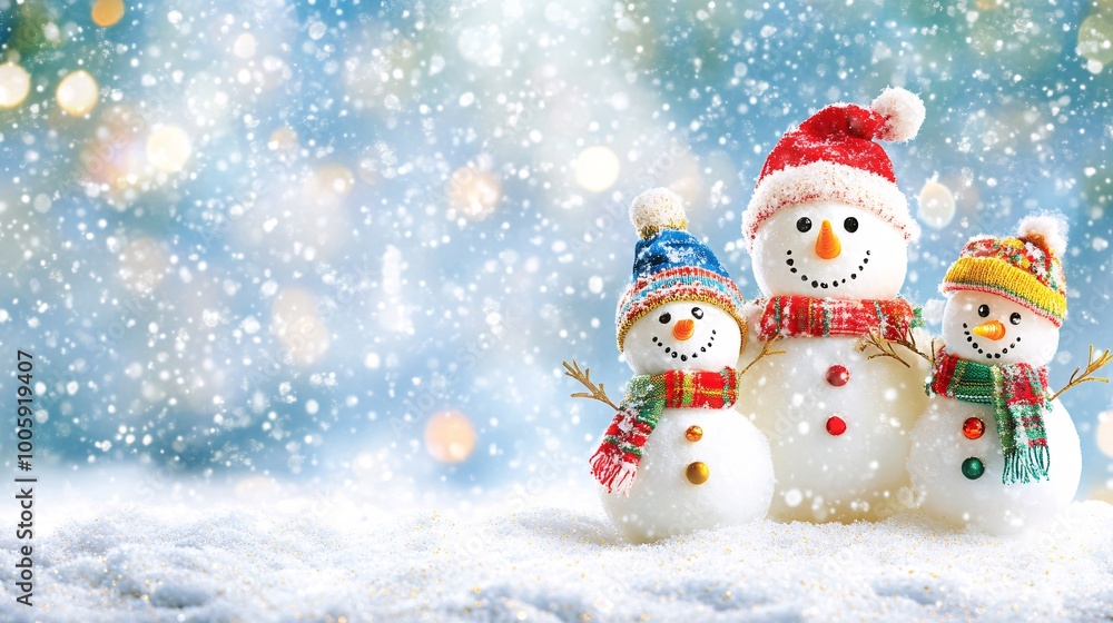 Family posing with their finished snowman holding holiday decorations and wearing colorful hats in a snowy landscape Large space for text in center Stock Photo with copy space Family posing with their finished snowman holding holiday decorations and wearing colorful hats in a snowy landscape Large space for text in center Stock Photo with copy space