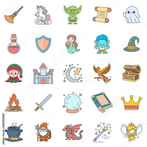 Medieval Fantasy icons set, Included icons as Book of Spells, Fairy, Dragon, Dwarf and more symbols collection, logo isolated vector illustration