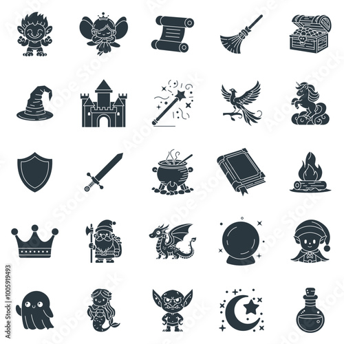 Medieval Fantasy icons set, Included icons as Book of Spells, Fairy, Dragon, Dwarf and more symbols collection, logo isolated vector illustration