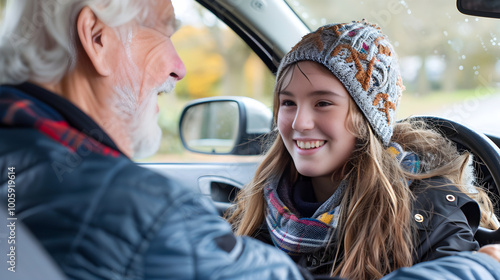 A teenage driver practices behind the wheel with the guidance of a parent in the car. photo