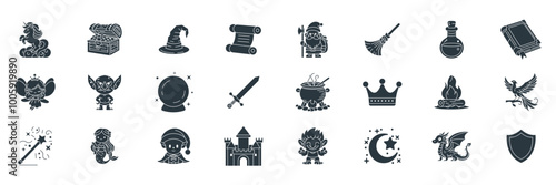 Medieval Fantasy icons set, Included icons as Book of Spells, Fairy, Dragon, Dwarf and more symbols collection, logo isolated vector illustration