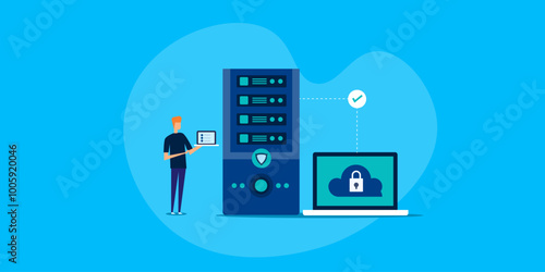Cyber Secuity software engineer installing cloud server security update conceptual information technology vector illustration concept.