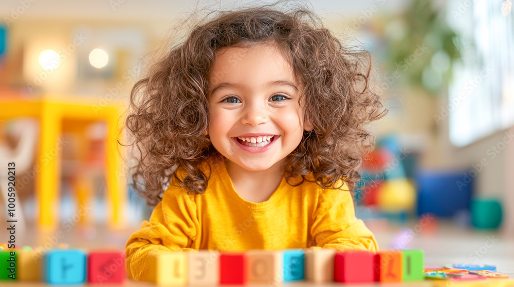 Fototapeta premium Joyful Toddler Playing with Blocks: A vibrant close-up of a happy toddler girl with curly hair playing with colorful wooden blocks, radiating pure joy and curiosity.
