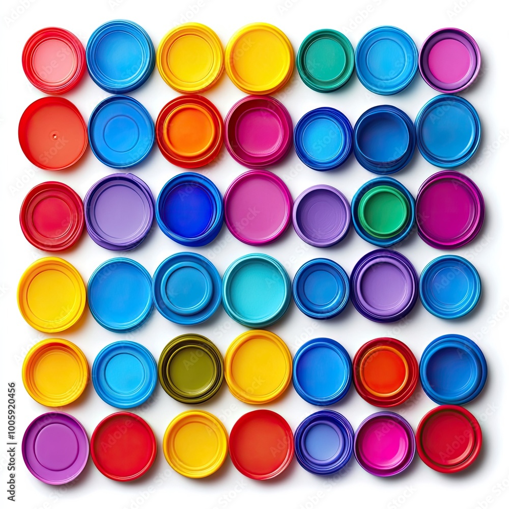 Colorful plastic lids arranged in a vibrant pattern, showcasing varied shades and forms, perfect for artistic and design projects. Colorful plastic lids arranged in a vibrant pattern, showcasing varied shades and forms, perfect for artistic and design projects.