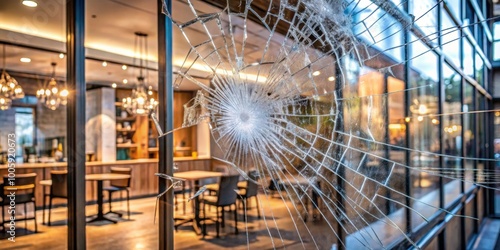 Wallpaper Mural Shattered glass pane reflecting light at a modern cafe storefront, shattered glass, cafe, facade, broken Torontodigital.ca