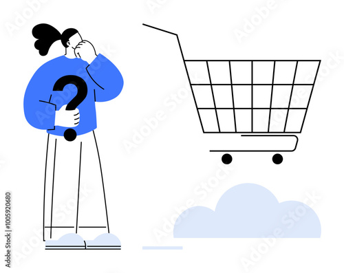 Person holding a question mark, pondering beside a shopping cart. Ideal for e-commerce, decision-making, retail business, online shopping, consumer behavior. Simple vector art with minimalistic style