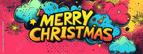 Banner Merry Christmas in pop art and comics book style. photo