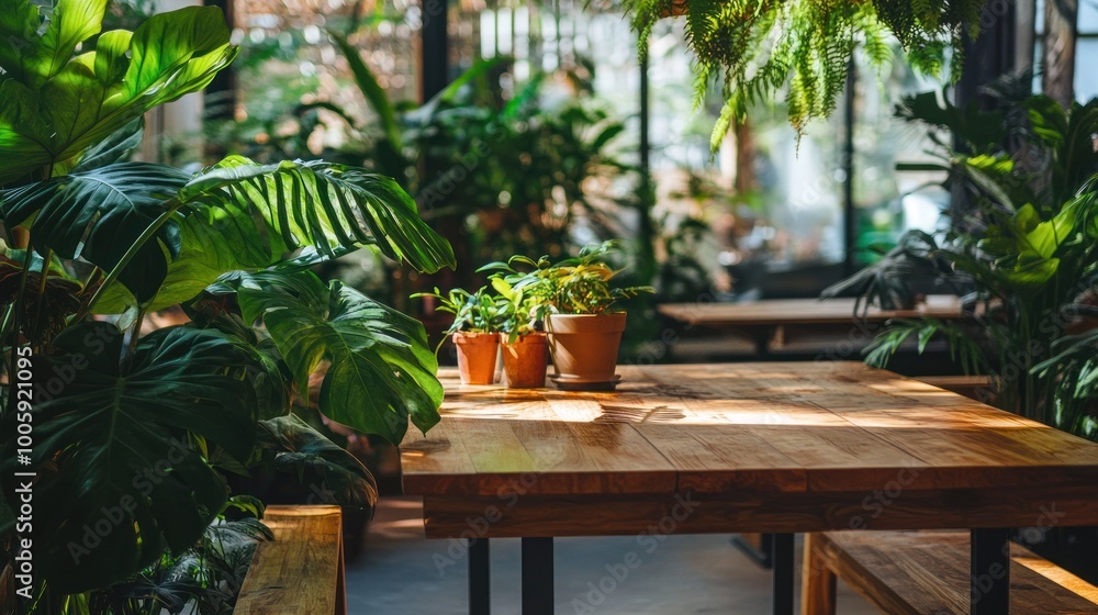 Fototapeta premium A serene indoor space filled with lush plants and a wooden table, perfect for relaxation.
