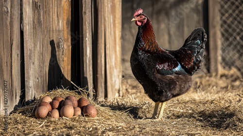 A hen stands beside a nest of eggs in a farmyard setting. photo