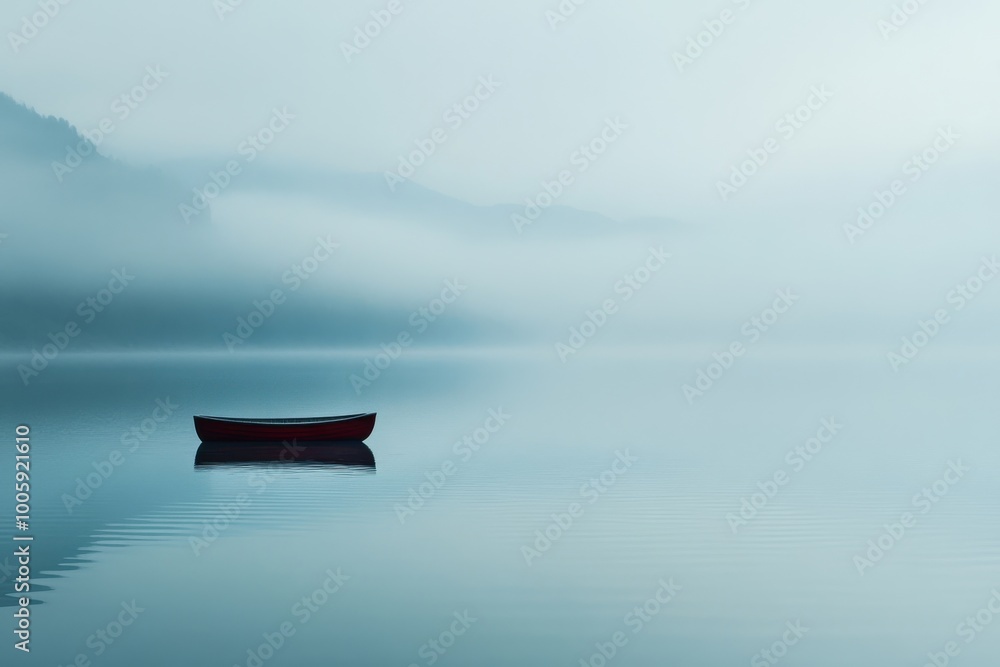 A lone boat gliding smoothly across the serene surface of an expansive lake A lone boat gliding smoothly across the serene surface of an expansive lake