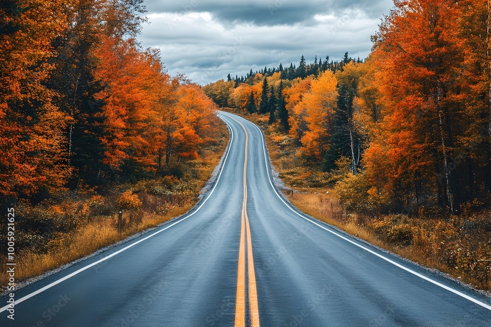 Fototapeta premium Winding Autumn Country Road Through Vibrant Foliage Landscape