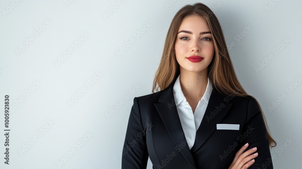 Confident businesswoman in suit with smooth hair, poised and professional against a simple background, ideal for corporate themes. Confident businesswoman in suit with smooth hair, poised and professional against a simple background, ideal for corporate themes.