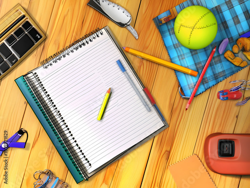 Open notebook with blank pages, pen and pencil on the table
