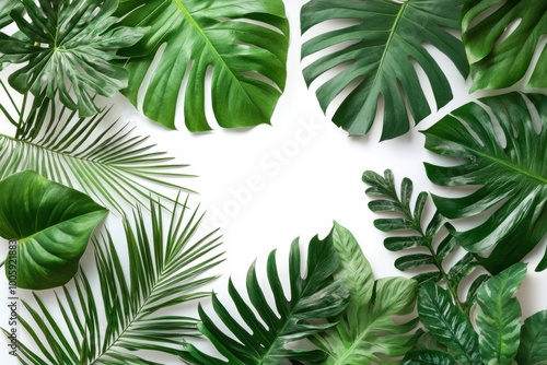 Variety of exotic leaves displayed on bright background