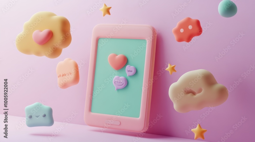 A colorful smartphone surrounded by playful, soft-shaped emojis and stars. A colorful smartphone surrounded by playful, soft-shaped emojis and stars.