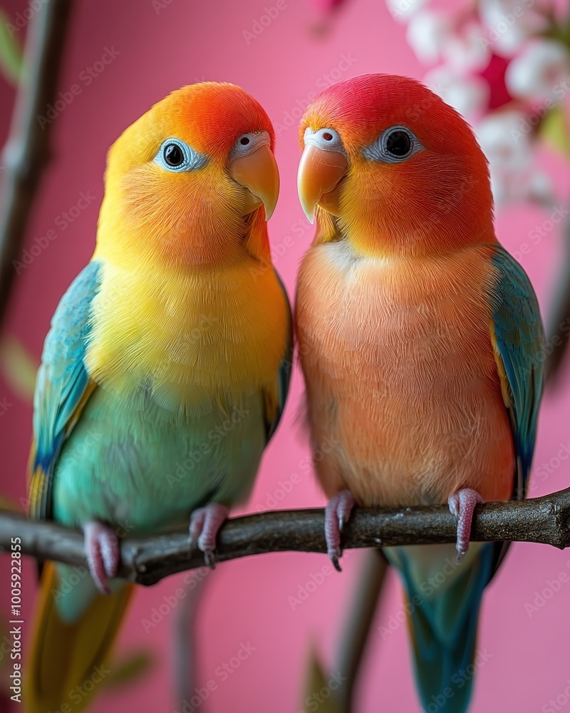 Fototapeta premium Close-Up of Two Cute Pastel Rainbow Lovebirds on a Pastel Pink Background with Copy Space – Adorable Bird Photography
