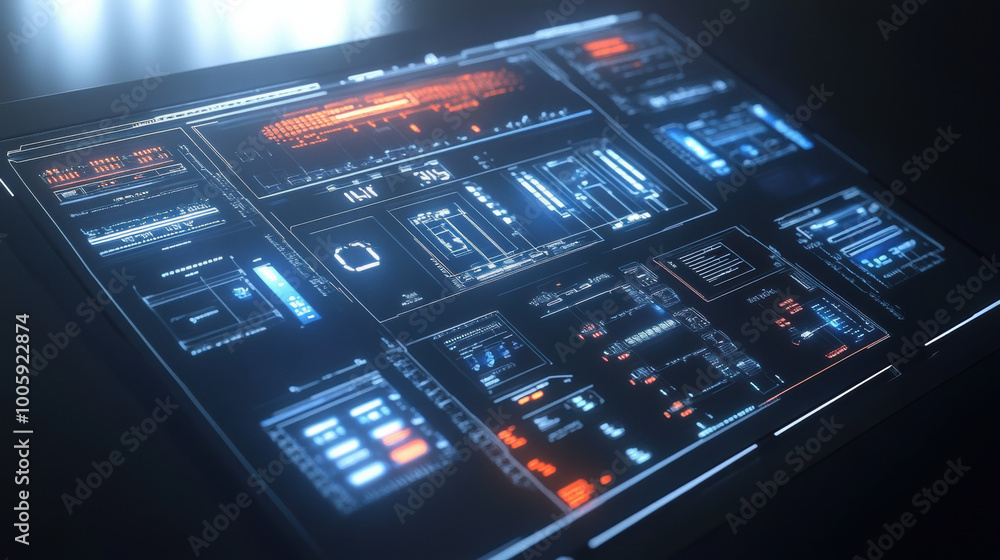 Fototapeta premium futuristic 3D control panel displaying various data and metrics, illuminated with vibrant colors. This high tech interface suggests advanced technology and space exploration