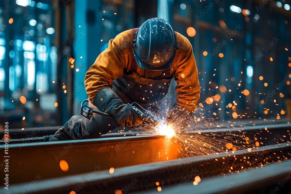 Skilled welder working at a high rise construction site in the city at night Skilled welder working at a high rise construction site in the city at night