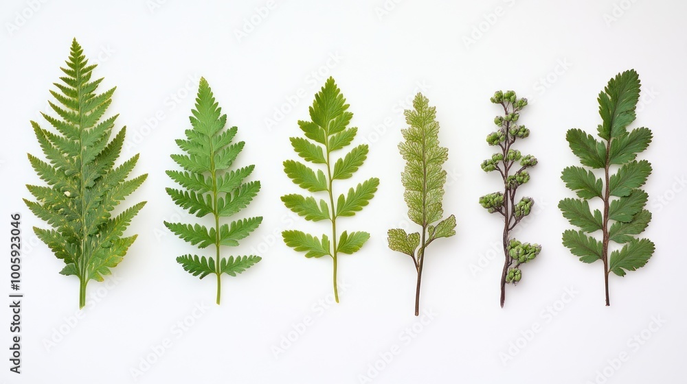 A collection of various green fern leaves arranged in a line on a white background. A collection of various green fern leaves arranged in a line on a white background.