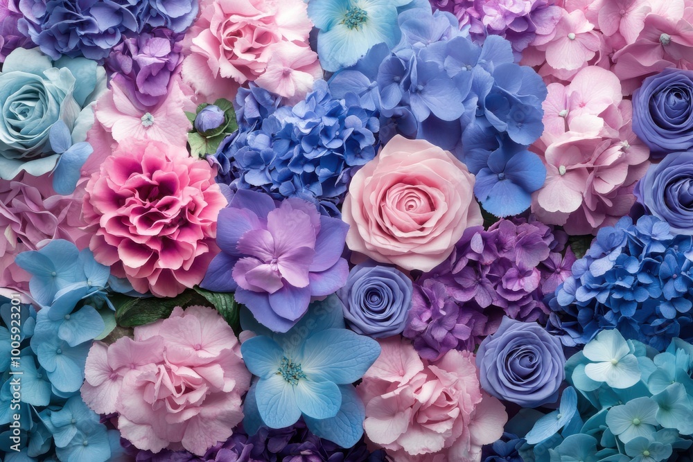A showcase of azure, rose, and lavender flowers set against a coordinated backdrop of similar hues A showcase of azure, rose, and lavender flowers set against a coordinated backdrop of similar hues