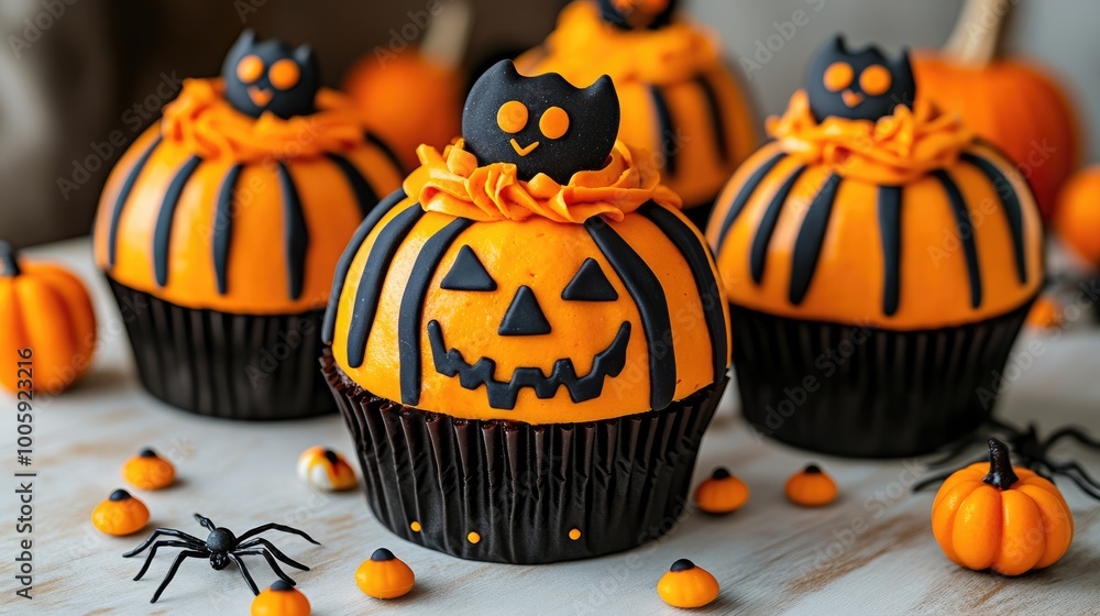 Halloween cakes and muffins arranged on a dining table, surrounded by candy, mini pumpkins, and fake spiders Halloween cakes and muffins arranged on a dining table, surrounded by candy, mini pumpkins, and fake spiders