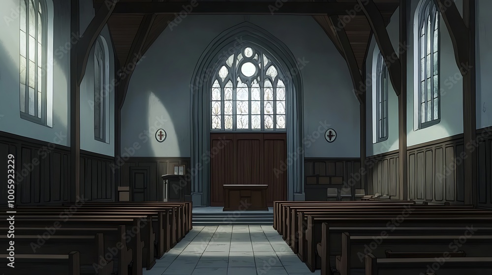Fototapeta premium Empty Church Interior with Stained Glass Window and Wooden Pews.
