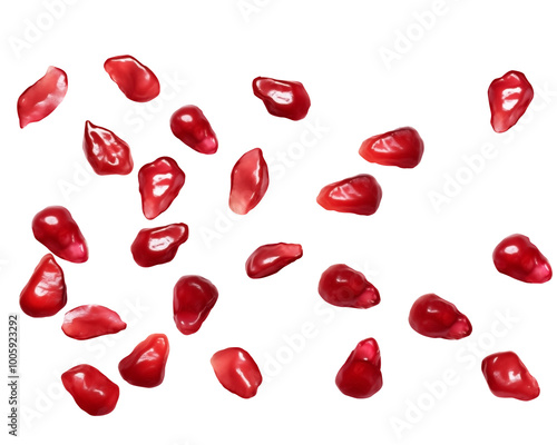 Close Up Front View To a Set Of Flying or Floating pomegranate Red seeds PNG isolated on white and transparent background - Fresh Pomegranate fruit Food and juice Concept