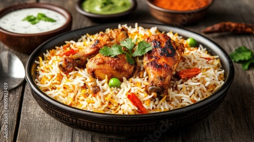 Delicious chicken biryani served on a dark wooden table with vibrant condiments, showcasing rich flavors and culinary tradition.