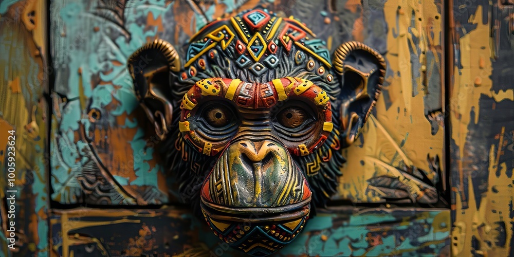 Fototapeta premium Flat lay of a monkey head adorned with vibrant tribal designs.