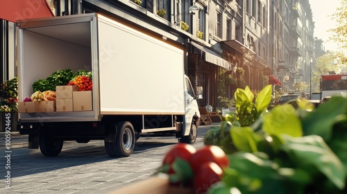 Delivery truck transporting fresh produce through a vibrant city street, showcasing urban life and local food culture. photo