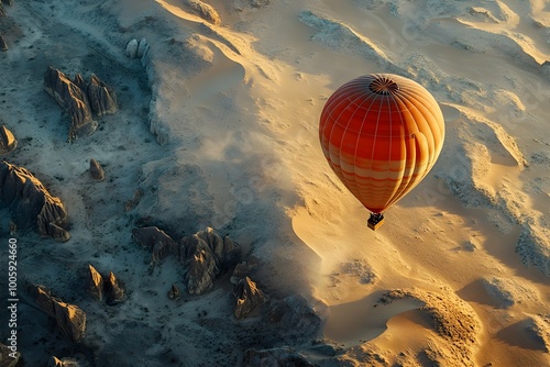 Aerial View of Hot Air Balloon Floating Over Picturesque Desert Landscape with Sand Dunes photo