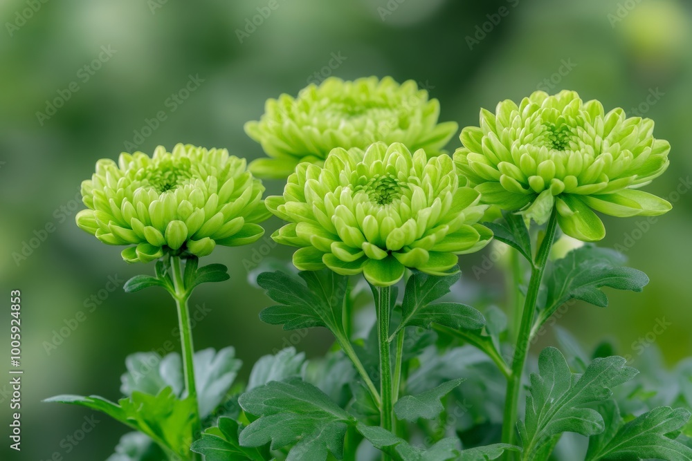 Close-up of vibrant green chrysanthemums blooming in the garden with a soft, blurred background. Close-up of vibrant green chrysanthemums blooming in the garden with a soft, blurred background.