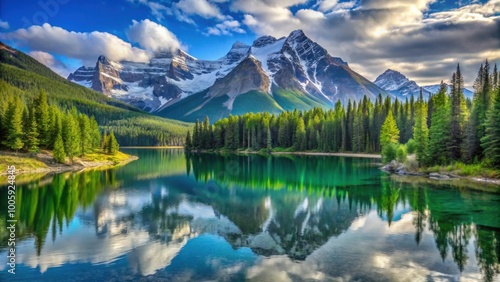 Rare mountain scenery featuring snow-capped peaks, lush forests, and serene lakes, remote, untouched, pristine