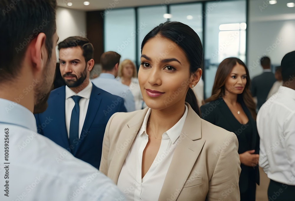 Fototapeta premium Confident businesswoman at an office event networking with fellow professionals