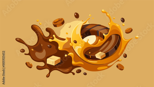 splashes and drops of melted dark chocolate, hot coffee and milk flow mixed