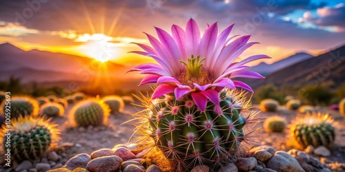 Mammillaria Schumannii Cactus Flower Blooming Pink at Sunrise - Nature Background Time Lapse in a Vibrant Desert photo