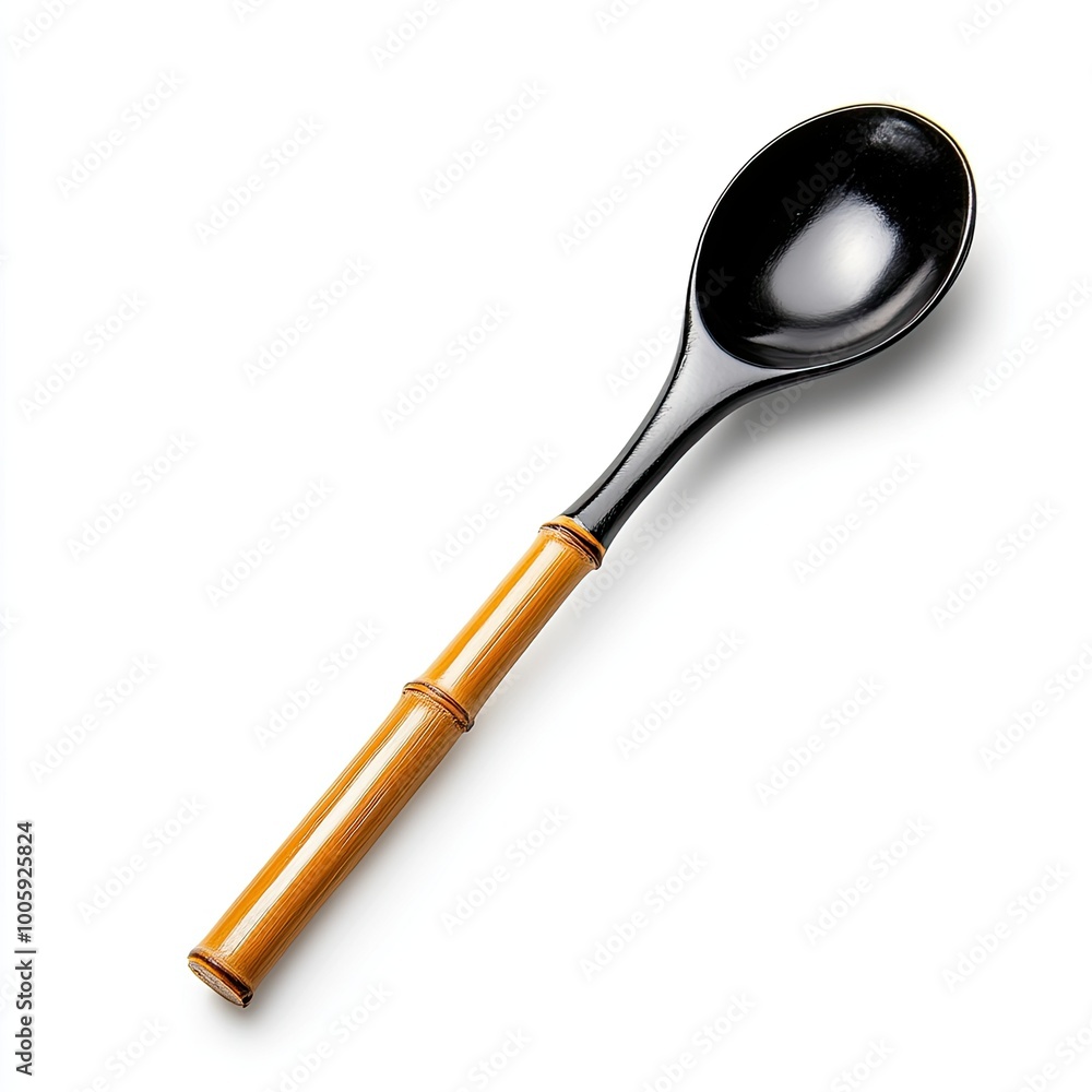 Elegant bamboo-handled spoon with a glossy black bowl, ideal for serving soups and stews in a chic culinary setting. Elegant bamboo-handled spoon with a glossy black bowl, ideal for serving soups and stews in a chic culinary setting.
